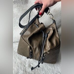 A. Bellucci Italian Leather Drawstring Bucket Bag Taupe / Olive